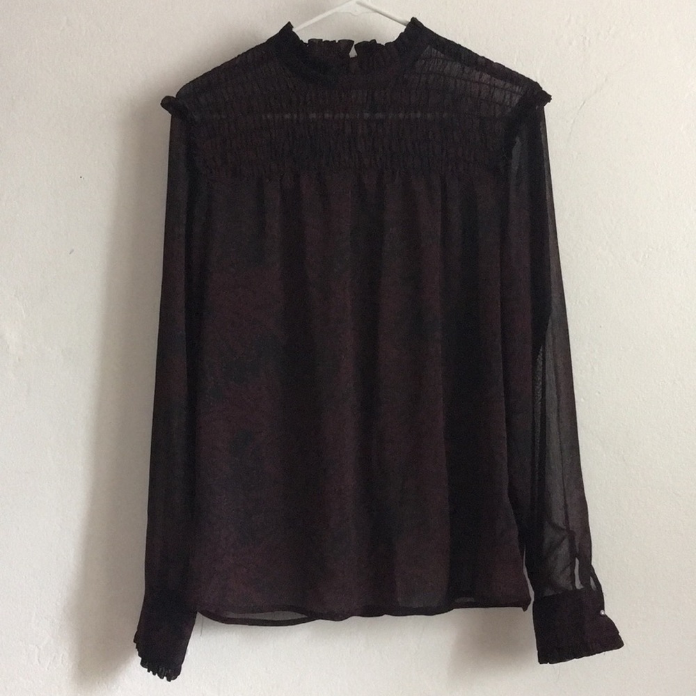 WHOWHATWEAR Burgundry sheer long sleeve blouse XXL